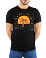 Retro Summer Vacation Sunset Palm Graphic Tee Beach Style - model wearing black tee with hands behind back