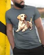 Cute Labrador Retriever Graphic Tee Dog Lover Pet Style Art - model wearing grey tee, leaning on column