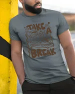 Take A Break Coffee Graphic Tee Relax Positive Vibes Style - model wearing grey tee, leaning on column