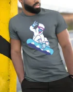 Funny Snowboard Yeti Graphic Tee Winter Sports Cool Style - model wearing grey tee, leaning on column