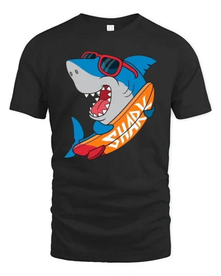 Funny Surfing Shark Graphic Tee Cool Summer Ocean Style - black t-shirt on white background