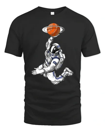 Astronaut Basketball Planet Graphic Tee Space Sports Style - black t-shirt on white background