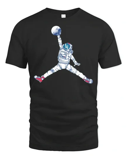 Astronaut Jump Graphic Tee Space Basketball Style Art - black t-shirt on white background