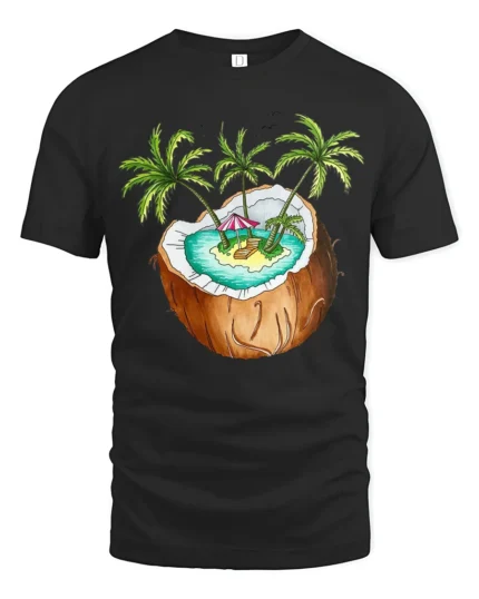 Tropical Coconut Island Graphic Tee Summer Vacation Mood - black t-shirt on white background