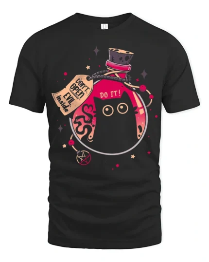 Funny Magic Potion Cat Graphic Tee Cute Mystery Style Art - black t-shirt on white background
