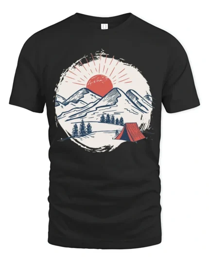 Mountain Camping Sunset Graphic Tee Outdoor Adventure Style - black t-shirt on white background