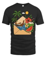 Tropical Vacation Letter Graphic Tee Summer Travel Mood Art - black t-shirt on white background
