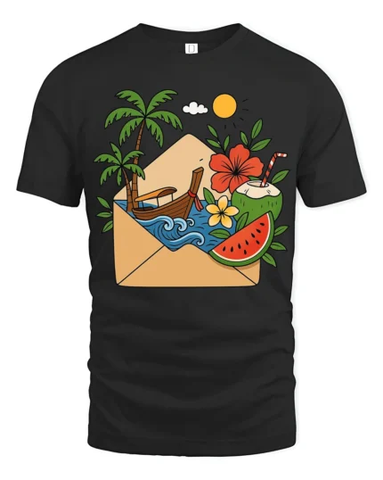 Tropical Vacation Letter Graphic Tee Summer Travel Mood Art - black t-shirt on white background