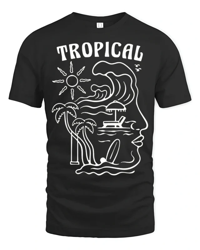 Tropical Wave Face Graphic Tee Beach Artistic Summer Mood - black t-shirt on white background