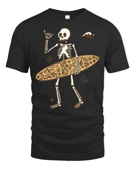 Funny Skeleton Surfer Graphic Tee Beach Humor Summer Style - black t-shirt on white background