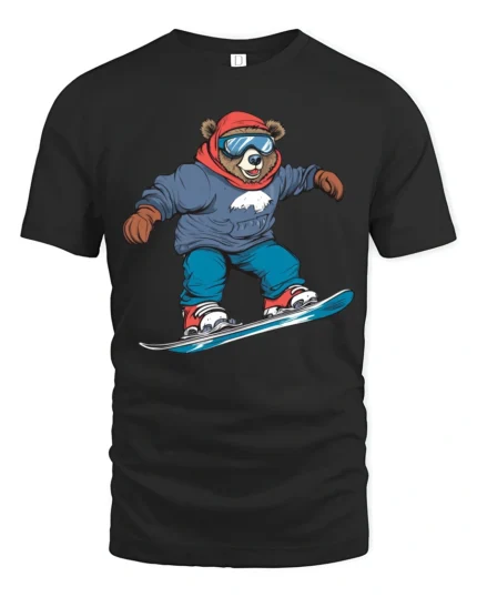 Funny Snowboard Bear Graphic Tee Winter Adventure Style - black t-shirt on white background