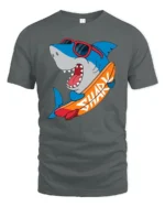 Funny Surfing Shark Graphic Tee Cool Summer Ocean Style - gray t-shirt on white background