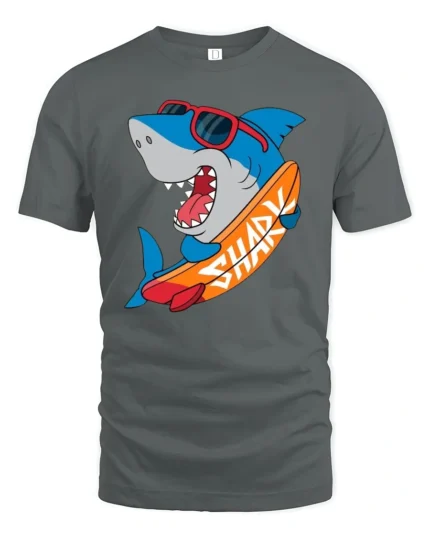 Funny Surfing Shark Graphic Tee Cool Summer Ocean Style - gray t-shirt on white background