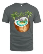 Tropical Coconut Island Graphic Tee Summer Vacation Mood - gray t-shirt on white background