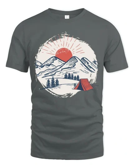 Mountain Camping Sunset Graphic Tee Outdoor Adventure Style - gray t-shirt on white background