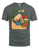 Tropical Vacation Letter Graphic Tee Summer Travel Mood Art - gray t-shirt on white background