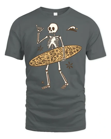 Funny Skeleton Surfer Graphic Tee Beach Humor Summer Style - gray t-shirt on white background