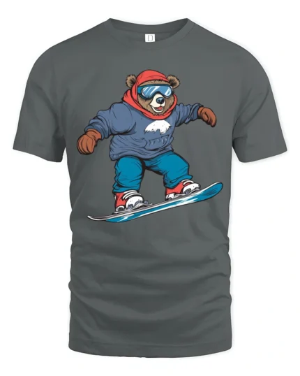 Funny Snowboard Bear Graphic Tee Winter Adventure Style - gray t-shirt on white background