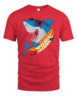 Funny Surfing Shark Graphic Tee Cool Summer Ocean Style - red t-shirt on white background