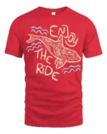 Enjoy The Ride Dolphin Graphic Tee Ocean Positive Style - red t-shirt on white background