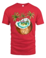 Tropical Coconut Island Graphic Tee Summer Vacation Mood - red t-shirt on white background