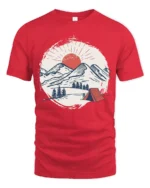 Mountain Camping Sunset Graphic Tee Outdoor Adventure Style - red t-shirt on white background