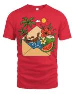 Tropical Vacation Letter Graphic Tee Summer Travel Mood Art - red t-shirt on white background