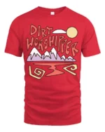 Dirt Worshipper Graphic Tee Funny Mountain Adventure Style - red t-shirt on white background