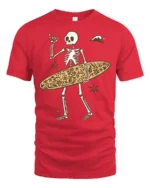 Funny Skeleton Surfer Graphic Tee Beach Humor Summer Style - red t-shirt on white background