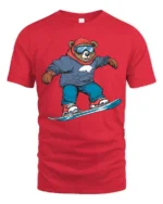 Funny Snowboard Bear Graphic Tee Winter Adventure Style - red t-shirt on white background
