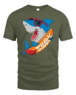 Funny Surfing Shark Graphic Tee Cool Summer Ocean Style - military green t-shirt on white background
