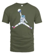 Astronaut Jump Graphic Tee Space Basketball Style Art - military green t-shirt on white background