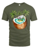 Tropical Coconut Island Graphic Tee Summer Vacation Mood - military green t-shirt on white background
