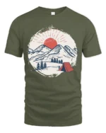 Mountain Camping Sunset Graphic Tee Outdoor Adventure Style - military green t-shirt on white background