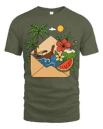 Tropical Vacation Letter Graphic Tee Summer Travel Mood Art - military green t-shirt on white background