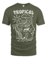 Tropical Wave Face Graphic Tee Beach Artistic Summer Mood - military green t-shirt on white background