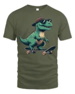 Funny Skateboard Dinosaur Graphic Tee Cool Retro Style Mood - military green t-shirt on white background