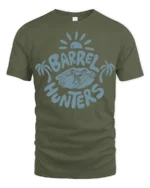 Barrel Hunters Surf Graphic Tee Beach Wave Rider Style - military green t-shirt on white background