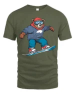 Funny Snowboard Bear Graphic Tee Winter Adventure Style - military green t-shirt on white background