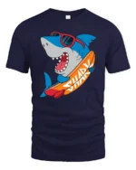 Funny Surfing Shark Graphic Tee Cool Summer Ocean Style - navy t-shirt on white background