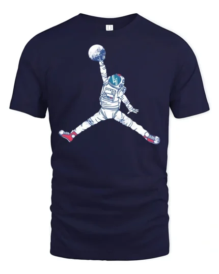 Astronaut Jump Graphic Tee Space Basketball Style Art - navy t-shirt on white background