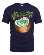Tropical Coconut Island Graphic Tee Summer Vacation Mood - navy t-shirt on white background