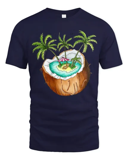 Tropical Coconut Island Graphic Tee Summer Vacation Mood - navy t-shirt on white background