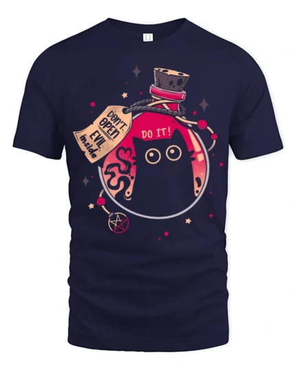 Funny Magic Potion Cat Graphic Tee Cute Mystery Style Art - navy t-shirt on white background