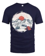 Mountain Camping Sunset Graphic Tee Outdoor Adventure Style - navy t-shirt on white background