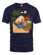 Tropical Vacation Letter Graphic Tee Summer Travel Mood Art - navy t-shirt on white background
