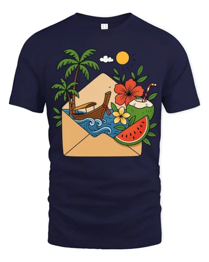 Tropical Vacation Letter Graphic Tee Summer Travel Mood Art - navy t-shirt on white background