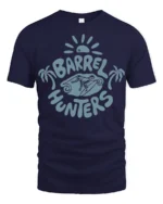 Barrel Hunters Surf Graphic Tee Beach Wave Rider Style - navy t-shirt on white background