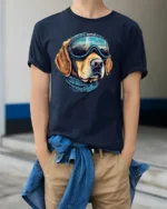 Adventure Dog Pilot Graphic Tee Mountain Explorer Style - model wearing navy tee with hands in pockets