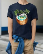 Tropical Coconut Island Graphic Tee Summer Vacation Mood - model wearing navy tee with hands in pockets